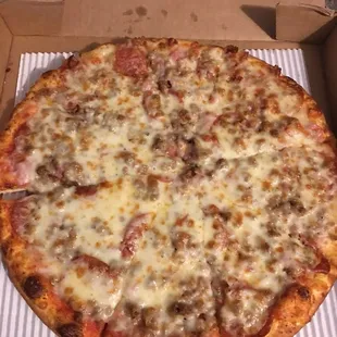 Medium meat pizza carry out. Was cold when my husband got home with it. 3 miles away.