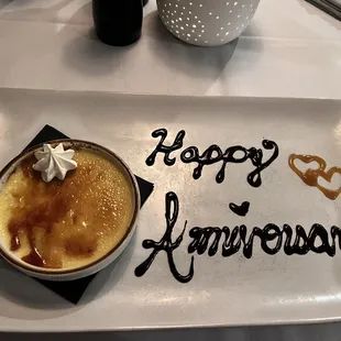 We had a fabulous meal! They gave us a Crème Brûlée  to share! Fabulous night to celebrate our 29th Anniversary!