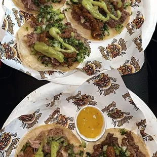 Lengua, asada and carnitas tacos