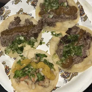 Lengua and shrimp tacos
