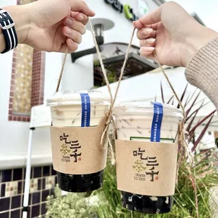 Dong ding milk tea with boba and cream, green milk tea with boba and cream