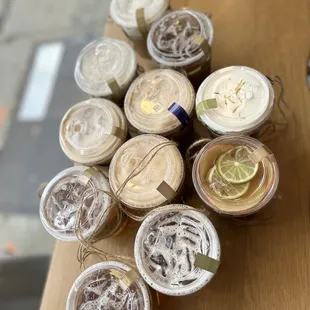 a variety of drinks on a table