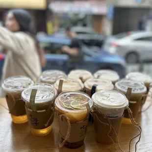 a variety of drinks on a table