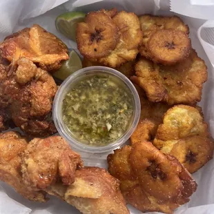 Chicharrones de Pollo with Tostones (Fried Plantain Chips)! Amazing!!
