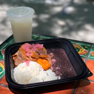 a plate of food and a drink