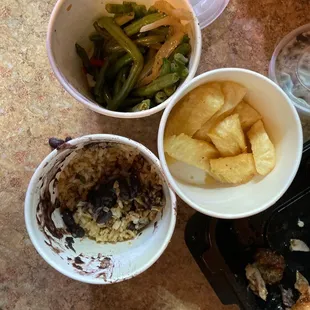 Yucca fries, fried rice, and vegetable medley (half a serving)