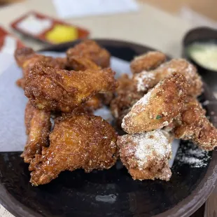 half soy garlic (left) half honey and cheese (right)