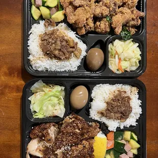 #B3. Popcorn Chicken Rice Plate (top) and #B2. Grilled Gpie Rice Plate (bottom)