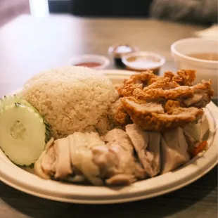 Combination steamed Hainan and fried Hainan chicken