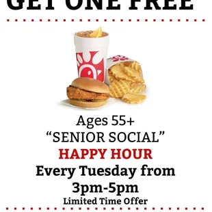 Senior Happy Hour for 55+ BOGO Meals from 3-5pm Tuesdays (limited time)