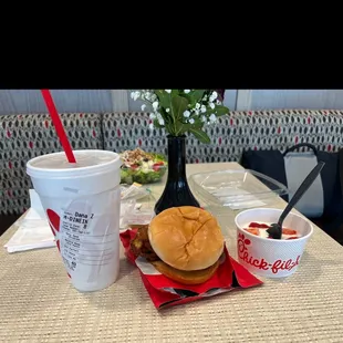 Spicy chicken sandwich (extra pickles), yogurt parfait, and cherry coke