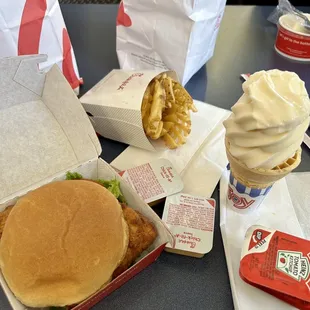 Chick-fil-A-Deluxe Sandwich, medium waffle fries, ice dream cone