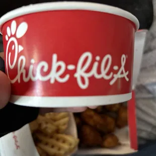 ows a person holding a cup of chicken fries