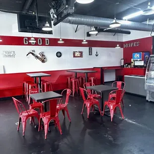 red chairs and tables in a restaurant