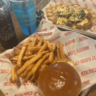 Chick-in queso with a bubble waffle (I reccomend the bubble waffle) and Garlic Parmesan Sandwich meal