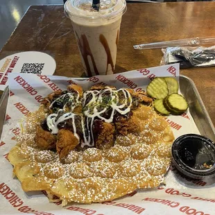 KC BBQ chicken and bubble waffle with cinnamon shake to drink