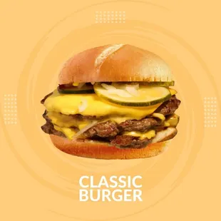 a hamburger with cheese and pickles