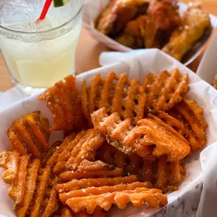 Sweet potato waffle fries and sweet chili wings