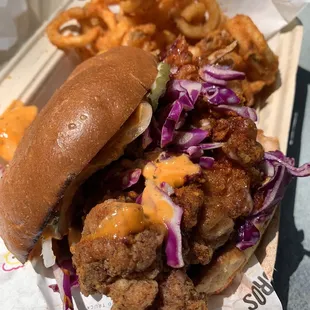 Nashville hot chicken sandwich level 1 spice with curly fries