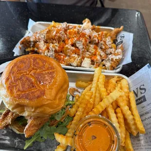 Chicken burger, loaded Fancy Fries