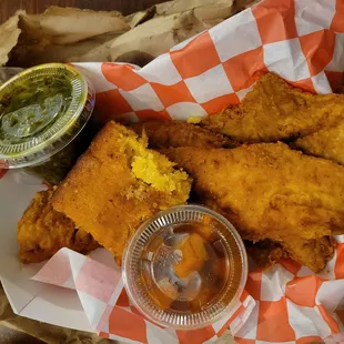 Fried whiting with greens and yams