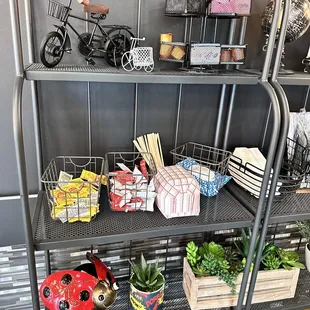 a shelf with various items on it