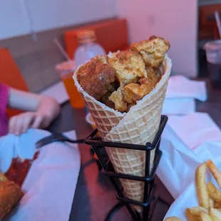 Chick'n cone with Peri Peri sauce.