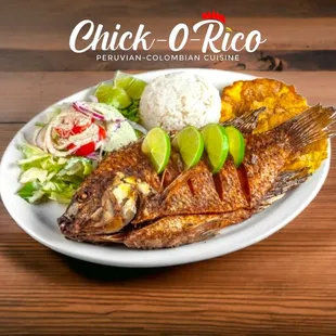 ows a plate of fish with rice and vegetables