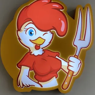 a chicken holding a fork and knife