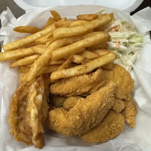 B Set Combo: tenders, fries, coleslaw, dumplings, and a soda)