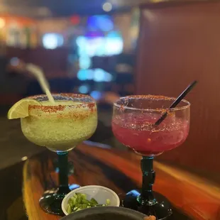 Awesome margaritas: pineapple cilantro &amp; prickly pear (Mexican pear) - we had it as spicy with jalapeños (yum!)