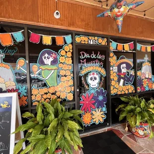 The entrance of the restaurant for the Halloween/Día De Los Muertos/Day of the Dead season.