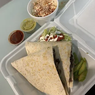 Steak quesadilla and Elote