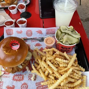 Chicken Sandwich Meal w/side of homemade pickles and Boozy Vodka Lemonade!!!
