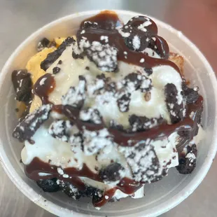 Mini Oreo cookie explosion waffle with vanilla ice cream