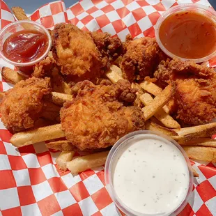 Crispy chicken bites and fries