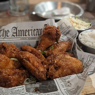 Triple Fried Korean Chicken Wings, Spicy Garlic and Soy.