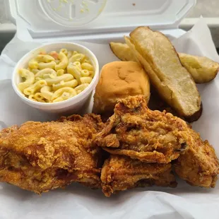 3 piece meal, potato wedges, macaroni salad, sweet roll.
