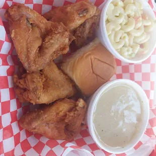 Long wait for average chicken with pinkish meat maybe because they weren't frozen.  Macaroni salad had weird curry/turmeric-ish taste