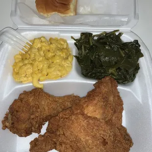 2-piece fried chicken, collard greens, Mac &amp; cheese