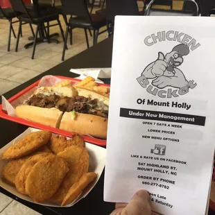 YummyPhilly cheese steak,fries  sweet chili wings and squash