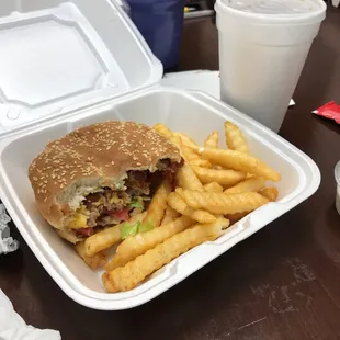 Huge bacon cheeseburger with frys and a drink special for only 5.99! Very good!