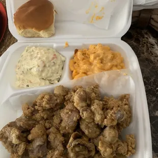 Gizzards, Marconi and cheese, potatoe salad, roll