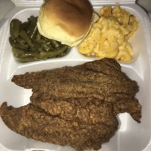 Fried catfish. Not fishy at all, a little spicy and so good. The portions are so generous