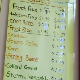 Menu sides dishes