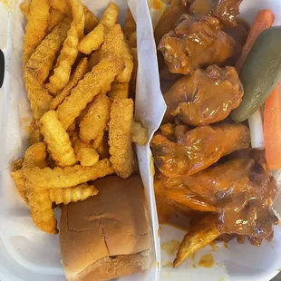 Special. 5 wings, fries, drink for $12.99. + $.50 for season fry. + $.50 for Sauce. + 3.5% non cash. $8 seat deposit. $3 for air to breath.