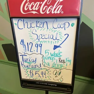 Chicken Coop Special is where it is at!  If you can&apos;t eat 5, they have a deal for 3 wings, fries, and a drink for $8.25 I think.