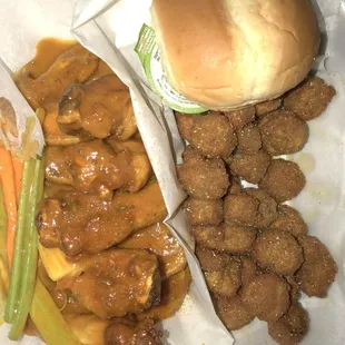 Honey gold with a small okra . Moms isnt a big wing fan at ALL but she kills for Chicken Coops wings &amp; okra