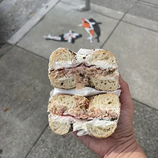 Trout rillettes with plain cream cheese, dill, fennel plus red onion &amp; capers on everything bagel. $14.12 with tax but before tip.