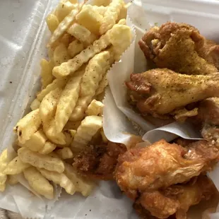 10 piece chicken. Half lemon pepper dry &amp; half mild with fries with added seasoning.